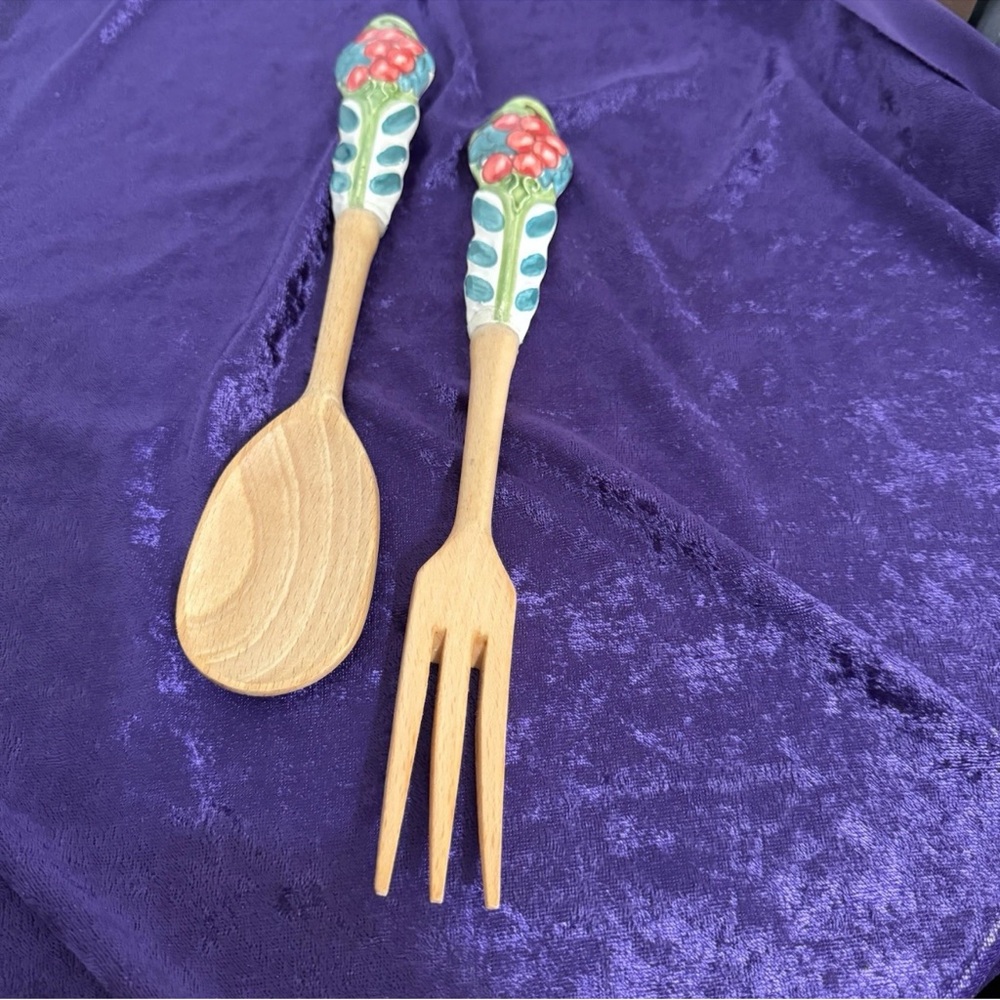 Vintage Hand Painted‎ Ceramic Handle Wood Salad Serving Set from Siena, Italy